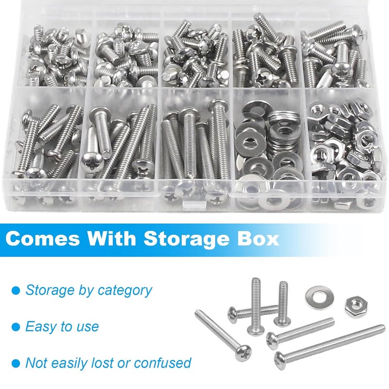 Yinpecly 200pcs #8-32 Phillips Pan Head Machine Screws Nuts Washers Assortment Kit,304 Stainless Steel, Coarse Thread, Fully Machine Thread(#8-32x 1/4", 5/16", 3/8", 1/2", 5/8", 3/4", 1", 1-1/4") - Image 5